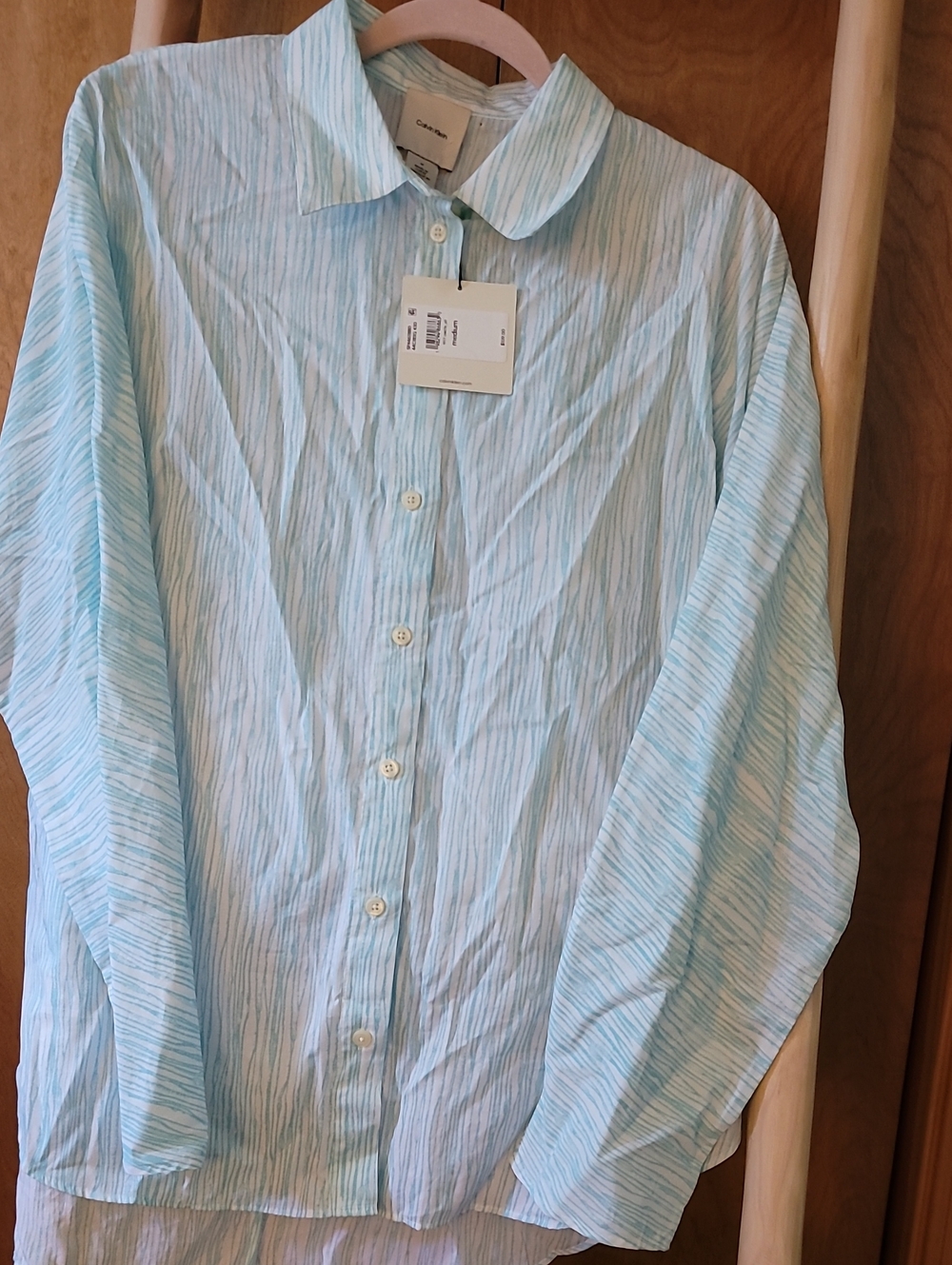 Calvin Klein Pale Blue & White Striped Cotton Button-Up Shirt